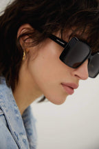 Squared 70s inspired black acetate sunglasses – the temples are enriched by the lasered logo – LUX VERSE Luxury Designer Fashion Outlet